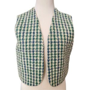 Vintage Handmade White, Green and Blue Wool Houndstooth Cropped Vest Size L